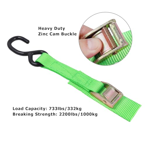 Ayaport Cam Buckle Tie Down Straps 6 feet 2200lbs Break Strength Green Securing Straps with S Hooks for Motorcycle, Kayak, Car, Truck, Dirt Bike - size: Cam Buckle-1"x6\' green