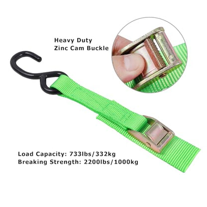 Ayaport Cam Buckle Tie Down Straps 6 feet 2200lbs Break Strength Green Securing Straps with S Hooks for Motorcycle, Kayak, Car, Truck, Dirt Bike - size: Cam Buckle-1"x6\' green
