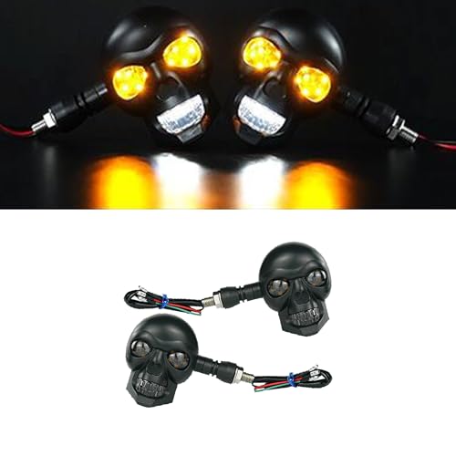 2PCS Motorcycle Skull Turn Signal Light, Waterproof LED Warning Light Decoration, 10 mm Screw Blinkers Indicator Replacement Part, Universal for Scooter Dirt Bike (White & Yellow) - color: White & Yellow