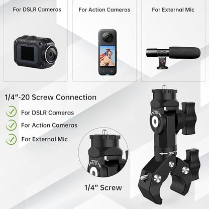 Action Camera Motorcycle Mount Bundle Compatible with Insta360 X5, X4, X3, X2, GO 3S, GoPro Hero 13/12/11, DJI Osmo Action 5 Pro - Heavy-Duty Handlebar Clamp & Helmet Extension Arm Kit