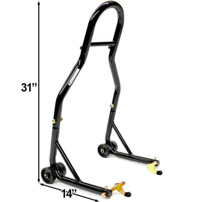 Venom Sport Bike Motorcycle Rear Wheel Swingarm Spool Lift Stand + Low Profile 10mm Black Swingarm Spools (Compatible with Most Kawasaki Bikes)