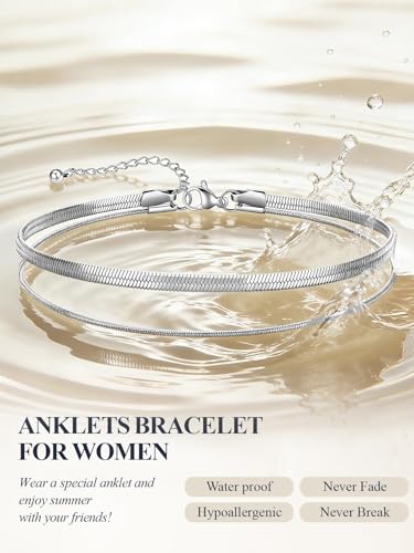 U7 Silver/Gold Ankle Bracelets for Women Layered Chain Anklets Stainless Steel Waterproof Summer Beach Anklet Cham, Adjustable 8.5"-10.5" - color: Silver - Flat Snake Chain+Snake Chain