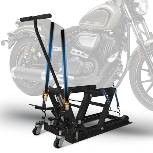 Hydraulic Motorcycle Lift Jack 1500 LBS Capacity Portable ATV Scissor Lift Table with 4 Universal Casters Foot-Operated Hoist Stand for Motorcycles ATV UTV Powersports Black