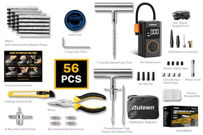 AUTOWN Flat Tire Repair Kit with Air Compressor 54 Pieces for Car, Motorcycle, ATV, Jeep, Truck, Tractor Flat Tire Repair (54PCS)