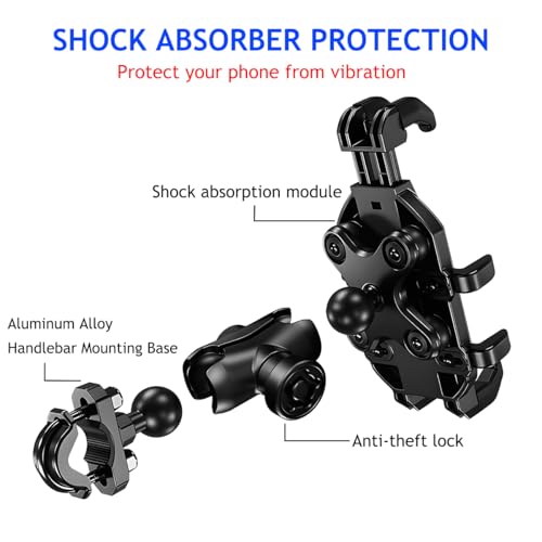 Motorcycle Phone Mount Holder, 360° Adjustable Anti-Theft Motorbike Handlebar Cellphone Mount with Vibration Dampener, Bike Smartphone Holder Clamp, Suitable for 5.1"-7" Phones