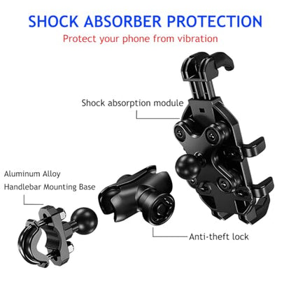Motorcycle Phone Mount Holder, 360° Adjustable Anti-Theft Motorbike Handlebar Cellphone Mount with Vibration Dampener, Bike Smartphone Holder Clamp, Suitable for 5.1"-7" Phones