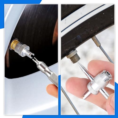 2 PCS Valve Stem Tool Keychain & 4-in-1 Tire Valve Core Removal Tool, Stainless Steel Portable Valves Core Disassembly and Repair Tools for Bicycle Car Motorcycle Repair Install Accessory