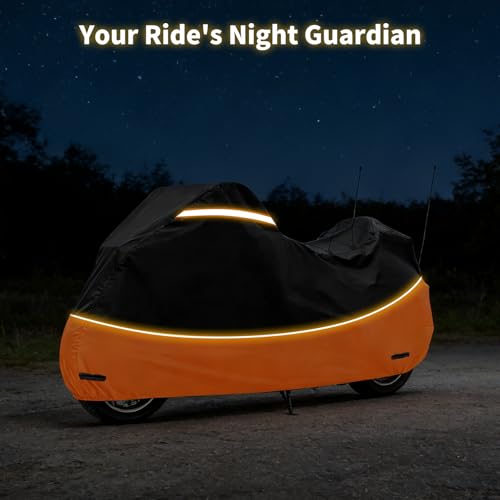Heavy Duty Waterproof Motorcycle Cover with Side & Top Box Reflective Strips for Harley Ultra Limited Ultra Classic Road Glide Electra Glide, 110" L x 43" W x 55" H,Black & Orange - size: Side+Top Box