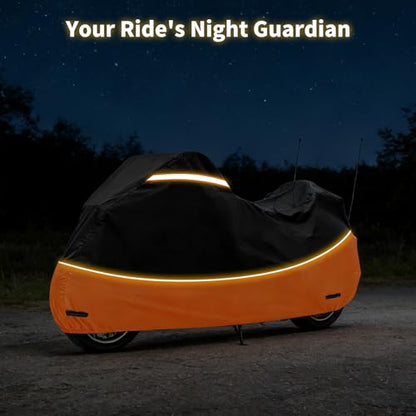 Heavy Duty Waterproof Motorcycle Cover with Side & Top Box Reflective Strips for Harley Ultra Limited Ultra Classic Road Glide Electra Glide, 110" L x 43" W x 55" H,Black & Orange - size: Side+Top Box