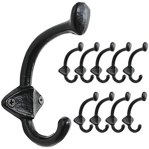 Dseap Cast Iron Wall Hooks L=5”, Heavy Duty Coat Hooks, Rustic Vintage Farmhouse Hook for Hanging Winter Coats Jackets Towels Hats Bags Plants, Antique Black, Pack of 10 (ShieldBold) - color: Black, size: L=5" (Pack of 10)