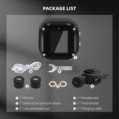Motorcycle Tire Pressure Monitoring System, Motorcycle TPMS System with 2 External Sensors, LCD Display, IP67 Waterproof Dustproof, Motorbike Tyre Temperature Alarm, Two-Wheeled Motorcycle TPMS