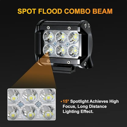LED Light Bar 2PCS 36W 4 Inch Flood Spot Combo LED Work Light Pods Triple Row Work Driving Lamp with 12 ft Wiring Harness kit - 2 Leads
