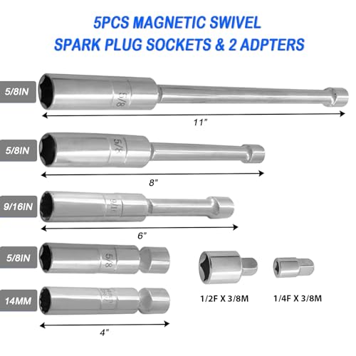 7PCS Magnetic Spark Plug Socket Set Includes 5/8" x 4", 5/8" x 8" and 5/8" x 11" 6-Point, 9/16" x 6" and 14mm x 4" 12-Point Sockets 3/8-inch Drive Magnet Retains Spark Plugs 1/4 and 1/2 Adapters - size: 7PCS Set