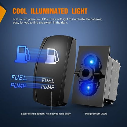Nilight Fuel Pump Rocker Switch Led Light Bar 5 Pin Laser On Off SPST switches 20A/12V 10A/24V Blue with Jumper Wires Set for Cars Trucks Boats ATVs UTVs RVs - size: FUEL PUMP