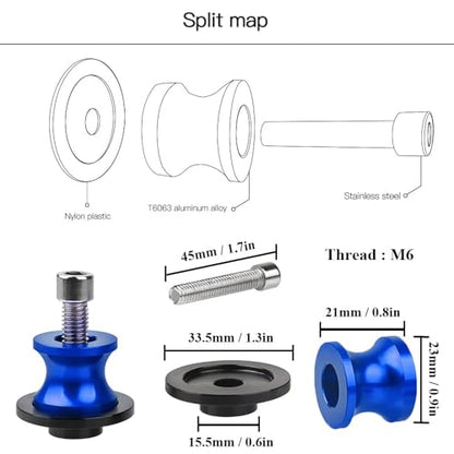 2pcs 6MM M6 X1.5 Motorcycle Swing arm Sliders Stand Spools fits for YZF R1 R3 R6 R7 R125 R25 R1000 (Blue) - color: Blue