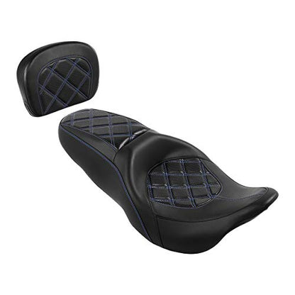 C.C. RIDER Passenger Seat Backrest Pad - Driver Passenger Sissy Bar fit for Harley Davidson Touring Road King Street Glide Electra Glide Road Glide 2009-2023 - color: Seat + Passenger Backrest Pad Black Blue