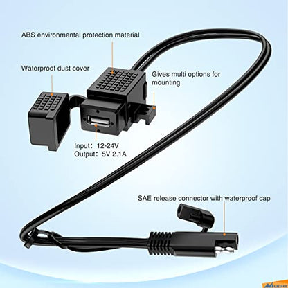 Nilight Waterproof Motorcycle USB 3.1Amp Quick SAE to USB Charger Adapter O Ring Terminal Cable Harness with Inline 5Amp Fuse Handlebar for Mobile Devices GPS - color: SAE TO USB Adapter