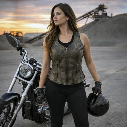 Milwaukee Leather Women's Classic Biker Vest - Premium Leather, Zipper Front, Concealed Carry, Rider Fit Design - color: Lkl4719-blk/Beige, size: Large
