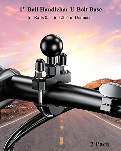 BRCOVAN 1'' Ball Handlebar U-Bolt Mount, Fit Rails Diameter 0.5'' to 1.26'' | 2 Pack, Compatible with RAM Mounts B Size 1 inch Ball Double Socket Arm & Bike Motorcycle Phone Holder