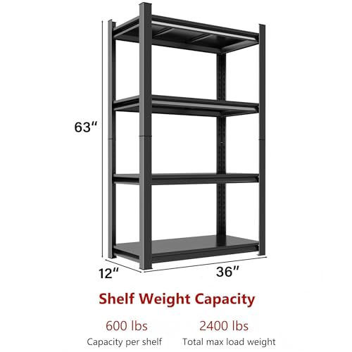 35 Inch Wide Heavy Duty Garage Shelving Unit, 4-Tier Metal Storage Shelves, Adjustable Sturdy Shelf Rack for Garage, Basement, Pantry, Kitchen, Closet, Warehouse, 63"H x 35"W x 12"D, Black - size: 4 Tier | 63" H x 35" W x 12" D