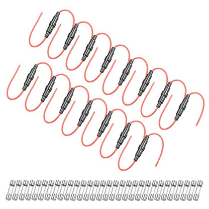uxcell 15 Pcs 5x20mm Inline Screw Type Fuse Holder 22 Gauge AWG Red Wire with 30 Pcs 10A Fast Blow Glass Fuses - size: 22awg,5x20mm
