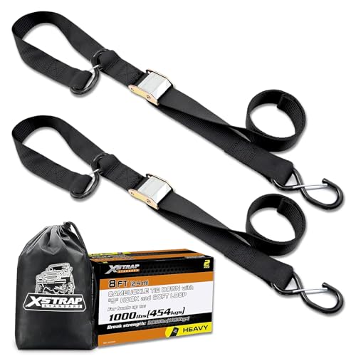 XSTRAP STANDARD Motorcycle Tie Down Straps (2 Pack) 3,000lb Break Strength, 1.5 in X 8FT Heavy-Duty Cambuckle Tie Down Set with S Hook and Soft Loops, Black - color: Black