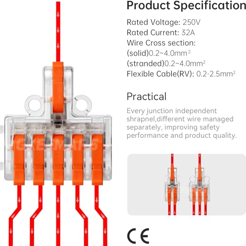 26Pcs Lever Wire connevtors,Compact Wire Splicing Connectors Kit 2, 3 and 5 Circuit Quick Connect Terminals 24-12 AWG (Clear) - color: Clear