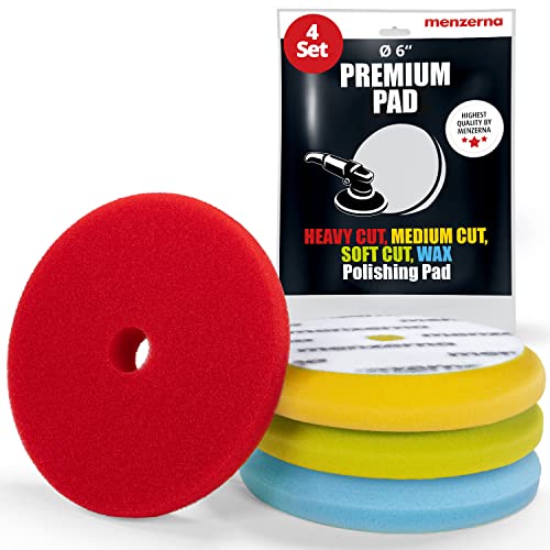 MENZERNA 4 Pcs 6 Inch Premium Polishing Pad Kit I Scratch Repair, Fine Polishing, Shine & Sealing I Body Repair Buffing & Polishing Pads with Safety Edge & Velcro Attachment I Washable & Long Lasting