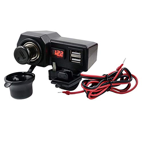 12V 2.1A Motorcycle Dual USB Phone Charger with ON Off Switch & LED Voltmeter & Cigarette Lighter, Motorcycle Handlebar Clamp, Waterproof