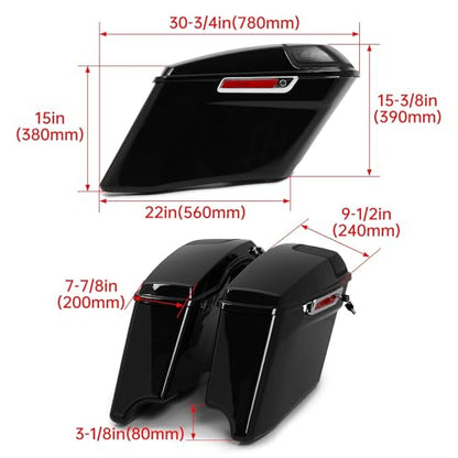 ECOTRIC 5" Stretched Hard Saddlebags w/ 5" x 7" Speaker Lids Grills Extended Saddle Bags Compatible with Harley Touring Street Glide Road King Electra Glide CVO Ultra-Classic 2014-2024 w/Audio Cover - color: Black&Chrome Latch Kit, size: 5" Stretched Sadd