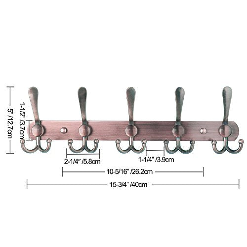 Dseap Wall Mounted Coat Rack - 5 Tri Hooks, Heavy Duty, Stainless Steel, Metal Coat Hook Rail for Coat Hat Towel Purse Robes Mudroom Bathroom Entryway (Antique Copper, 2 Packs) - color: Antique Copper, size: L=16" (2 Pcs)