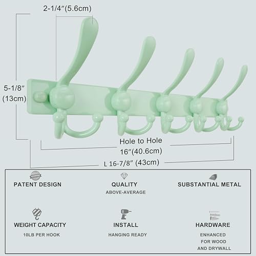 Dseap Coat Rack Wall Mount, Heavy Duty 12-Gauge Base vs Flimsy 1mm, Double-Thick Solid Anti-Snap Hooks, 16” Stud-Mount, Stainless Steel Hanger for Clothes Hat Entryway Closet, Green, Pack of 2 - color: Green, size: L=17" (2pcs)