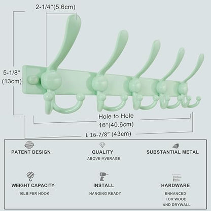Dseap Coat Rack Wall Mount, Heavy Duty 12-Gauge Base vs Flimsy 1mm, Double-Thick Solid Anti-Snap Hooks, 16” Stud-Mount, Stainless Steel Hanger for Clothes Hat Entryway Closet, Green, Pack of 2 - color: Green, size: L=17" (2pcs)
