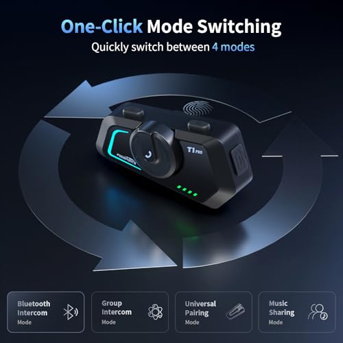 Fodsports T1 PRO Motorcycle Intercom V5.4 with Music Sharing, One-Click Switching for 4 Functional Modes, 6-Way Motorcycle Helmet Headset, FM/5 Stickers/Noise Cancellation/Stereo Music, 1 Pack - size: T1 PRO 1 Pack