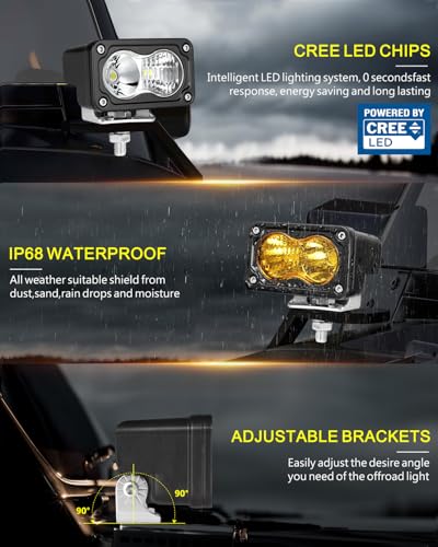 LED Pods, AKD Part 4Pcs 3" 80W CREE LED Pod Lights Spot Flood Combo Small Off Road Driving Lights Ditch Chase Light for Trucks Motorcycle UTV ATV SUV Dirt Bike - White & Yellow - color: White+Yellow
