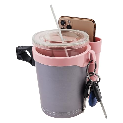3-in-1 Bike Cup Holder with Cell Phone Keys Hook -Universal Water Bottle Holder for Walker/Wheelchair/Stroller/Scooter, Fits 0.87" Round Handlebar and 2.7" Cup Base,Gray Pink - color: grey pink
