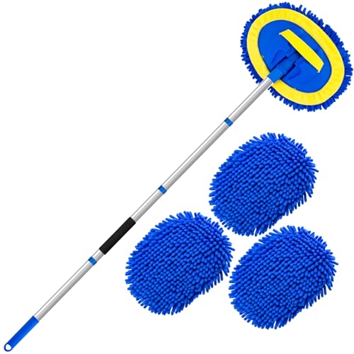 Car Wash Brush with Long Handle - 62" Car Wash Kit with Chenille Microfiber Cleaning Brush, Car Washing Mop with 3 Replacement Mitts, Scratch-Free Scrub Washer Wand for Vehicles, RV, Truck Blue - color: Blue