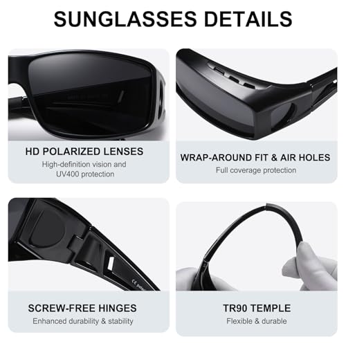 Wzerry Sunglasses Fit Over Glasses Polarized for Men Women, Wrap-Around Glasses UV400 Protection for Driving and Outdoor - color: Black/Grey + Black/Blue + Transparent Grey/Blue