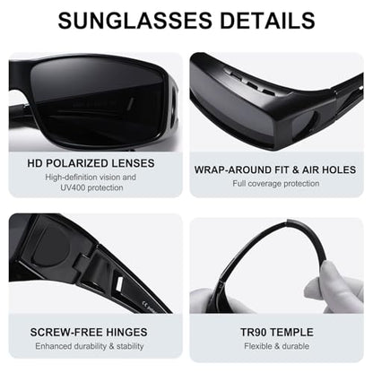 Wzerry Sunglasses Fit Over Glasses Polarized for Men Women, Wrap-Around Glasses UV400 Protection for Driving and Outdoor - color: Black/Grey + Black/Blue + Transparent Grey/Blue