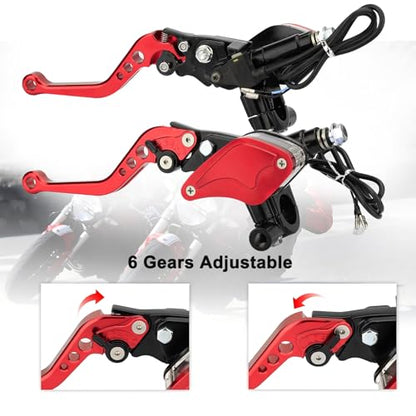 Universal Motorcycle Brake Clutch Pump Lever with Dual Hydraulic Master Cylinder Reservoir Set Left & Right CNC Suitable for 50-300cc Motorcycles with 7/8" 22mm Handlebars - color: Red