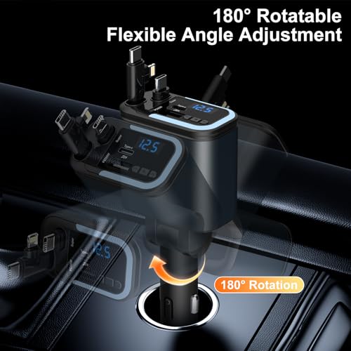 5-in-1 120W 30-Minutes Fast Flash Charging Retractable Car Charger, Wireless Bluetooth FM Transmitter, Type-C+USB-A Car Charger Adapter, Compatible with iPhone 17/16/15/14/13 Pro Max & Android Devices