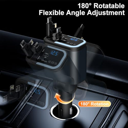 5-in-1 120W 30-Minutes Fast Flash Charging Retractable Car Charger, Wireless Bluetooth FM Transmitter, Type-C+USB-A Car Charger Adapter, Compatible with iPhone 17/16/15/14/13 Pro Max & Android Devices