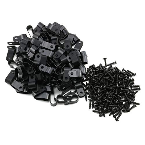 heyous 100pcs 1/3 inch (8.4mm) R-Type Cable Clamp Nylon Wire Hose Tube Fastener Fixed Cable Tie Mount Organizer Holder R Type Cable Clip with Mounting Screw Black - size: 1/3" (8.4mm)