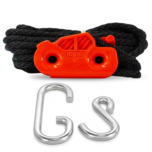 Tie Boss - 1/4 Inch, Medium Duty, (150 lbs Working Load Limit), Weather Resistant, Tie Down, Rope Tightening System, (w/15 ft Rope) (Pack of 1) (Orange) - color: Orange