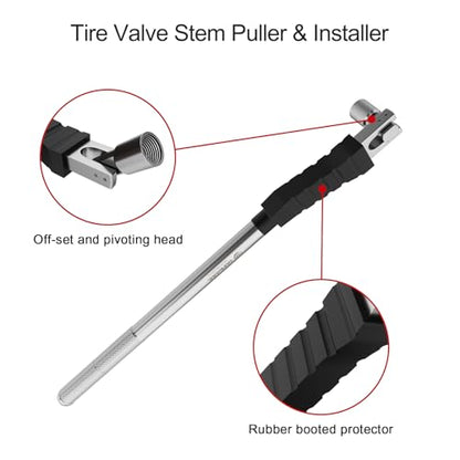 SUNSOUL Valve Stem Removal Tool 12.5 Inch, 300° Pivoting Valve Stem Puller | Heavy Steel Construction, Rim Protection Design, 2-in-1 Install & Removal Tool, Knurled Non-Slip Grip, Tire Valve Stem Tool
