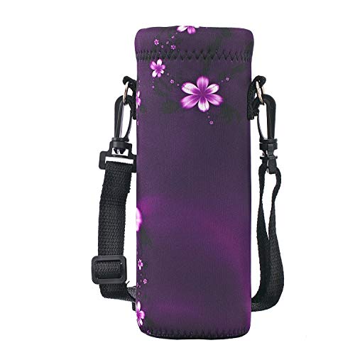 RICHEN Neoprene Water Bottle Carrier Bag with Adjustable Shoulder Strap,Insulated Water Bottle Cover for Stainless Steel/Glass/Plastic Bottles - color: Purple Flowers, size: 750ml