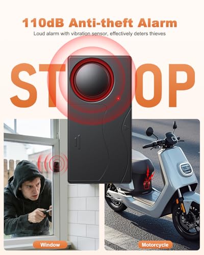 [Upgrade] WSDCAM 110dB Motorcycle Alarm, New 7 Sensitivity 4 Volume Adjustable, Wireless Vibration Alarm with Remote Control Anti-Theft Alarm for Car/Bike/Vehicle Security, Loud Door/Window Alarms