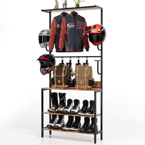 Motorcycle Helmet Holder Floor Mounted Stand, Wall Mount with Helmet Rack, 4 Glove Chips and 4 Hooks, Rustic Helmets Holder and Motorcycle Helmets Rack for Most of Helmet
