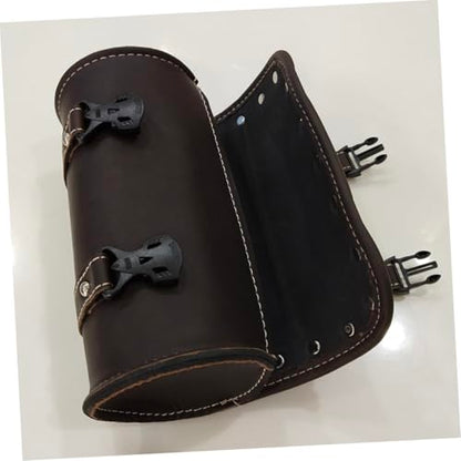 PU Leather Motorcycle Saddlebag with Two Mounting Straps Dark Brown Round Tool Bag for Motorcycles Side Storage Luggage Bag for Bikes