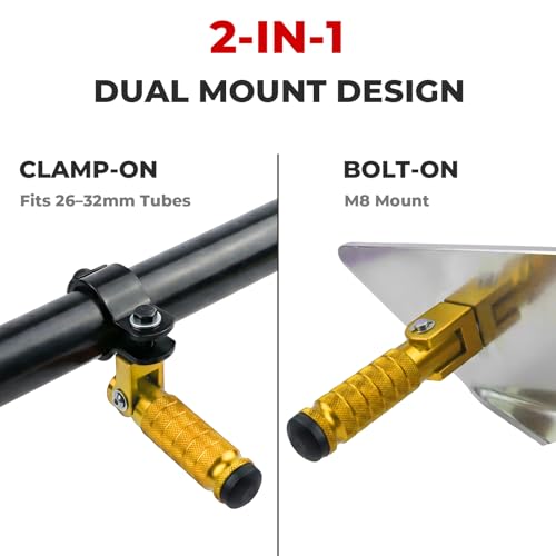 2-in-1 Clamp-On & Bolt-On Foldable Foot Pegs, Motorcycle Foot Pegs with Removable Pipe Clamps, M8 Mount or 26–32mm Tube Fit, for E-Bike, Mini Bike & Custom Builds （1 Pair, Anodized Gold) - color: Anodized Gold